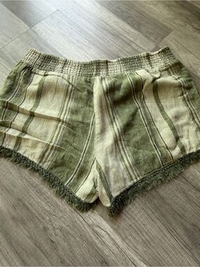 Vanilla Star Olive Green Striped Fringe Hem Athletic Shorts